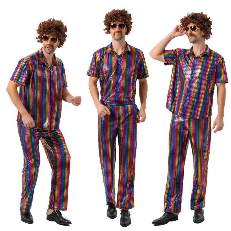 

Retro Rainbow Bright Color irt And Pants Set ort Sve Men's Performance Outfit Charlie Chaplin Clown Disco Hip Hop