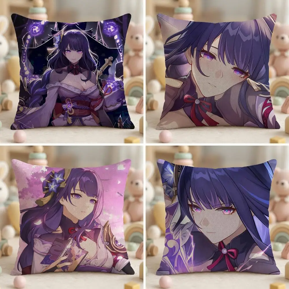 Powerful Raiden Shogun Genshin Impact Cushion Cover Soft Plush Fabric Double-Sided Printed Pillowcase for All Seasons Home Decor