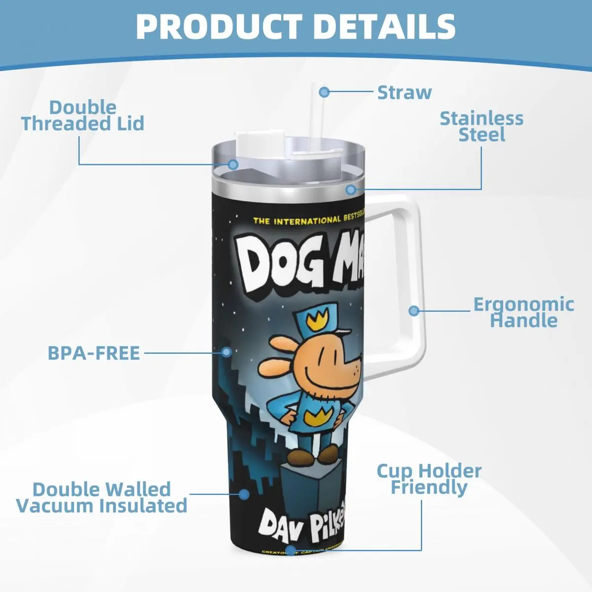 Dog Man Dogman And Friend Micro Stainless Steel Tumbler Travel Coffee Mug With Straws Car Mugs Hot Drinks Water Bottle