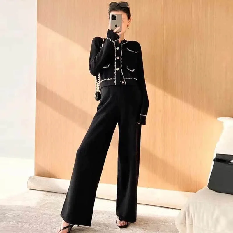 Korean Elegant Knitted Two Piece Pant Sets Women New Autumn Winter Long Sleeve Cardigan Wide Leg Pants Fashion Stylish Pant Sets