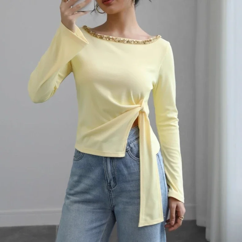 2025 Women's Sequin Top Tie Waist Irregular Hem Bodycon Fitted T-Shirt Casual Party Blouse Fall Glamorous Streetwear