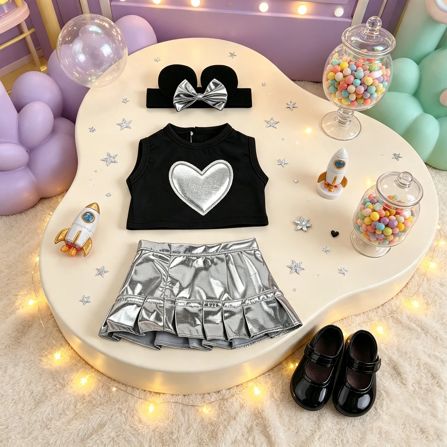 Silver Doll Costume Black Vest Shiny Heart Pattern Top + Skirt + Headband+ Black Shoes Outfit Fit 18