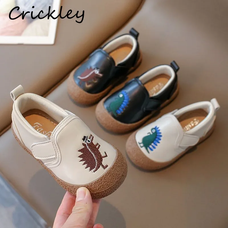 

Dinosaur Embroidery Children Casual Shoes PU Leather Baby Boys Girls Flats Shoes Hook Loop Soft Sole Toddler Kids Walk Shoes