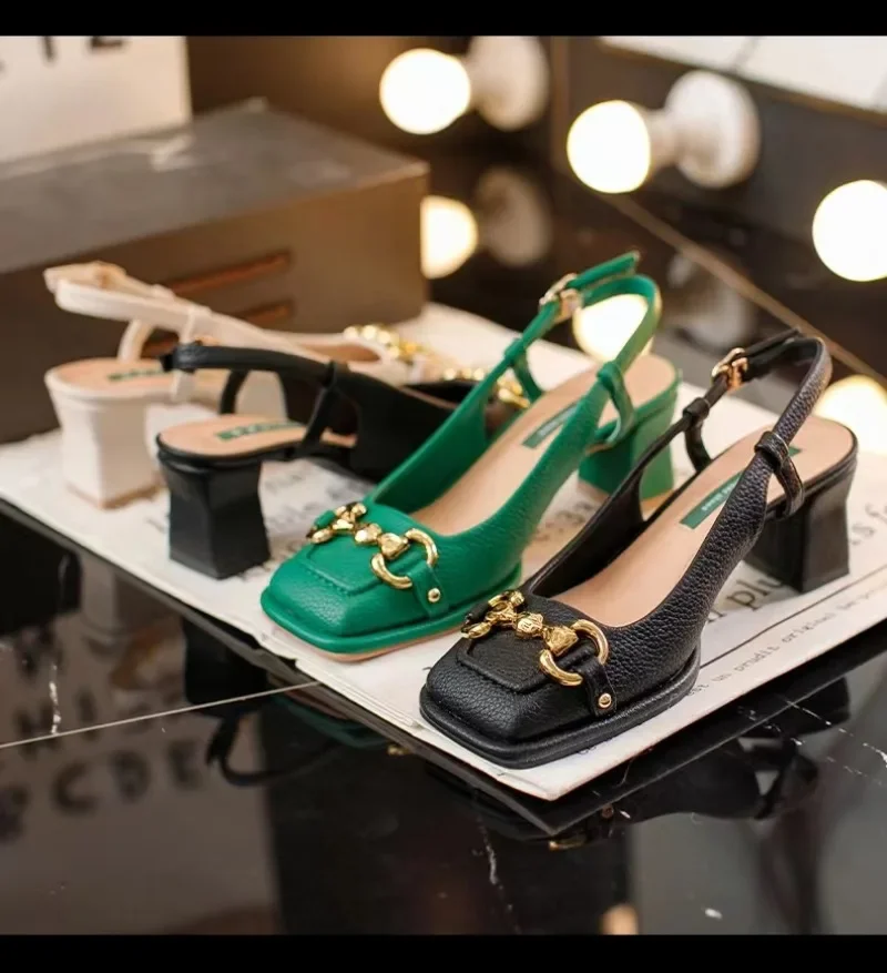 

Women's Mid-heel 5.5CM 2024 Summer French Style Back Empty Female Thick Heel Square Toe Shoes Black Green