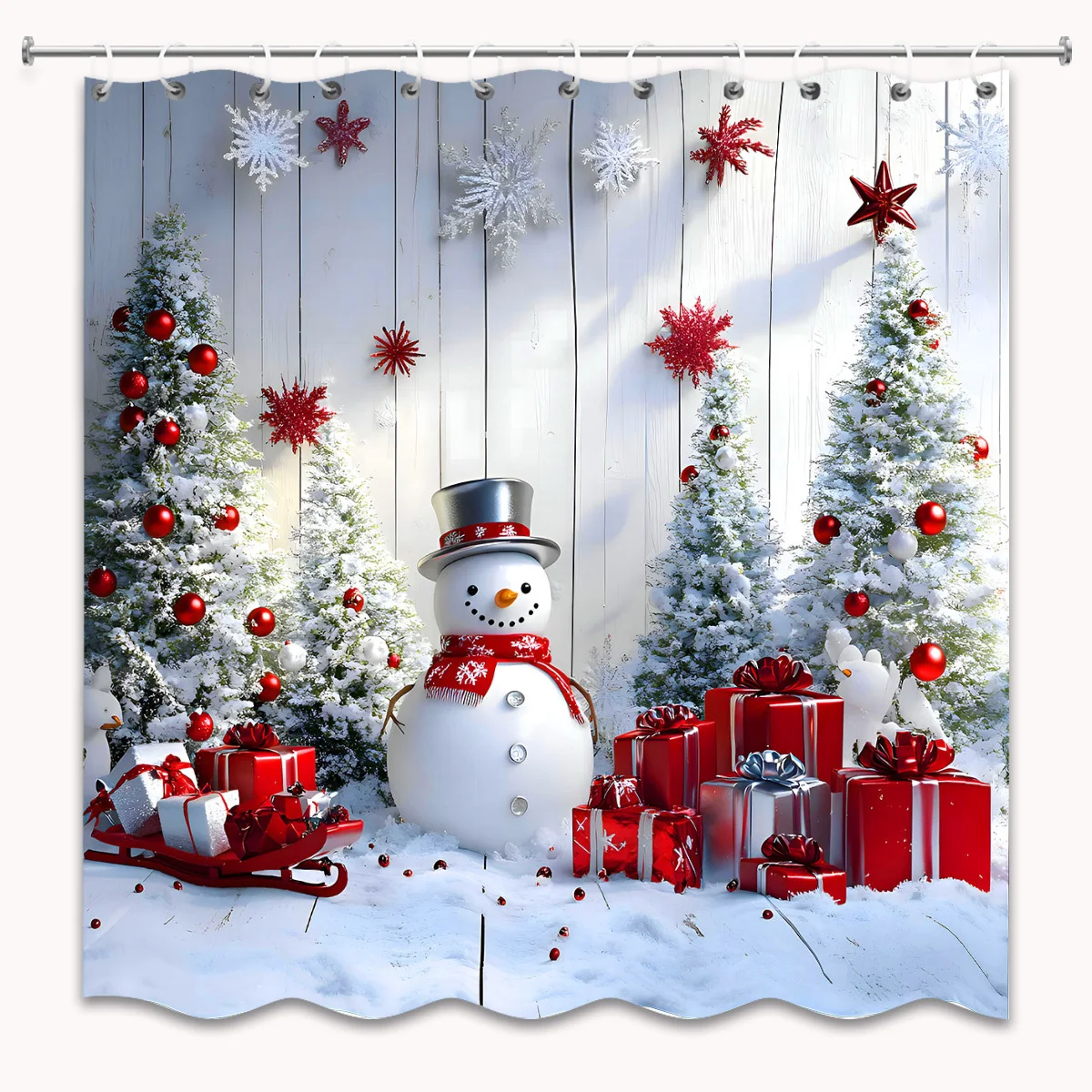 Merry Christmas Waterproof Bathroom Drapery - Woven Polyester Fabric, No Bleach, Includes Hooks, Religious & Cartoon Pattern
