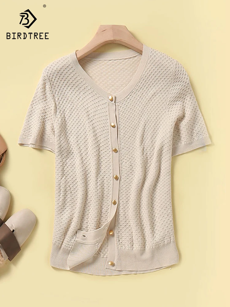 BirdTree, 70%Natural Silk Elegant T-Shirt, Women O-Neck Short Sleeve, Loose Versatile Soft Knit Top, 2024 Summer Autum T48029QC