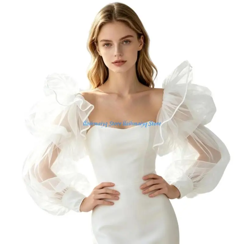 573B Romance White Organza Arm Sleeves With Puff Design Bubble Arm Covers For Formal Event Wedding Ceremony Dressingup