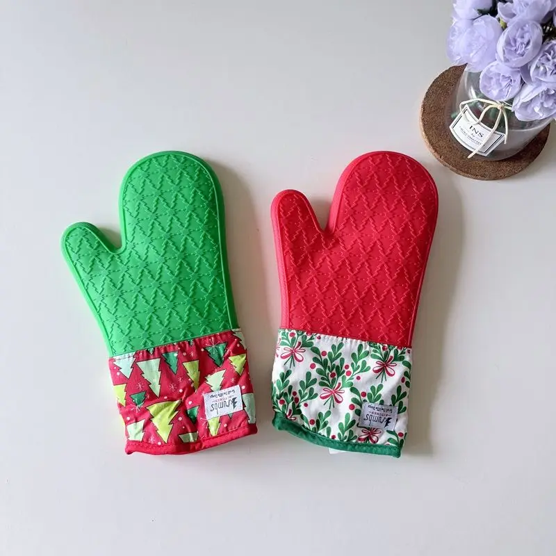 Christmas Print Anti-heat Gloves Microwave Oven Heat Insulation Thickened Kitchen Accessories Baking Gloves Silicone Oven Mitts