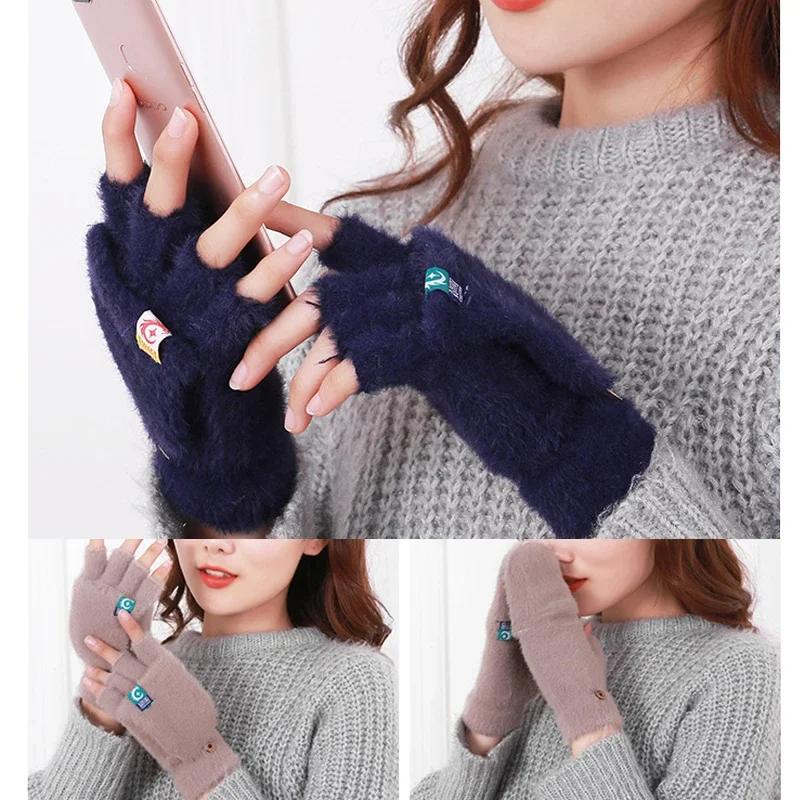 Guantes de invierno cálidos sin dedos de felpa para estudiantes, mujeres y niñas, guantes gruesos de piel sintética de estilo lindo, manoplas cálidas, guantes de trabajo de medio dedo