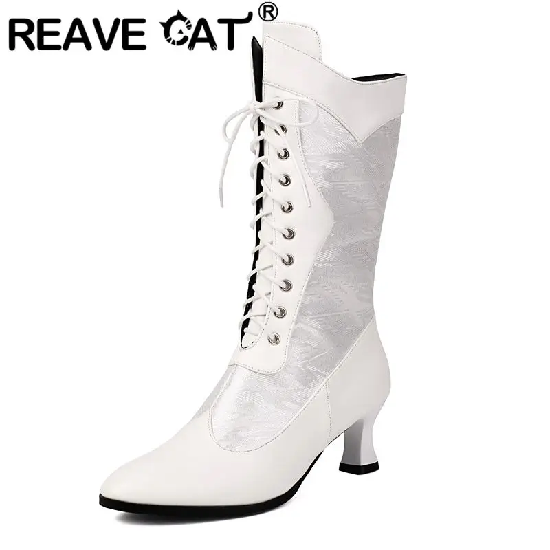 

REAVE CAT 2025 Роскошные женские сапоги до середины икры для женщин с острым носком, маленький каблук 5 см, молния, шнуровка, большие размеры 43 44 45, сексуальные ботильоны