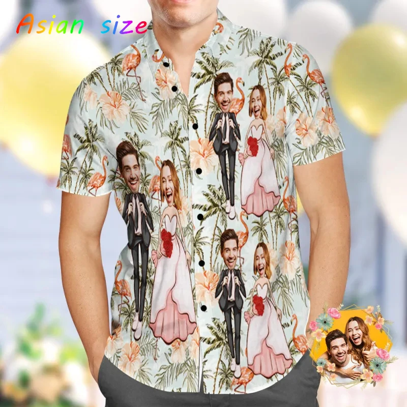 Koszule hawajskie dla par 2025, stroje dla par, koszule męskie i damskie z nadrukiem 3D twarzy, śmieszne koszule ślubne, personalizowane koszule plażowe, koszule z klapami, camisa