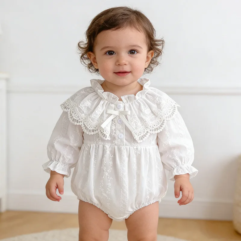 2026 Summer New Girl's Ear Ear Edge Collar Cute Hollow Flower Cotton Princess Style Climbing Robe