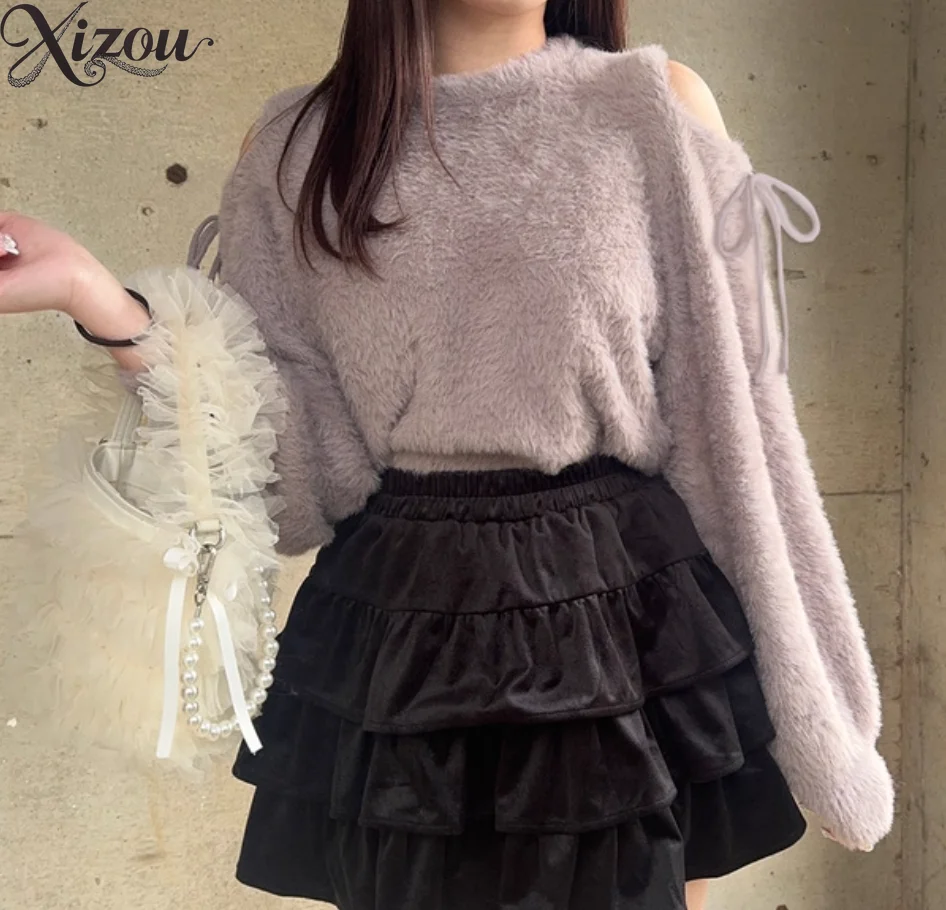 

Autumn Winter Sweet Women Knitted Top Round Off-Shoulder Bow Lace-up Plush Hollow Out Loose Elegant Office Lady Pullover Blouse