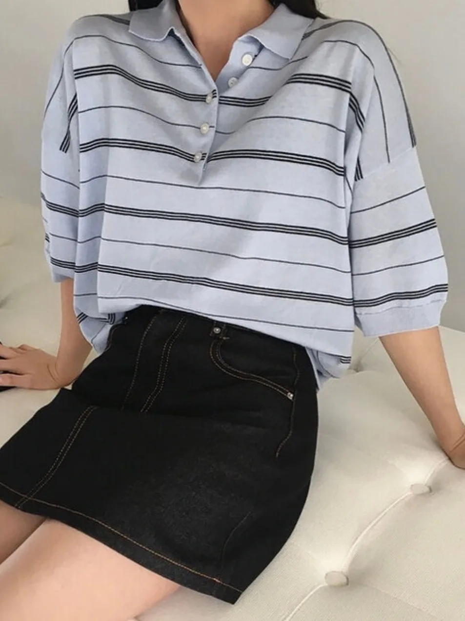 

Женский корейский свободный крой в полоску в стиле ретро ort Sve, новый дизайн, топ Faion, женский трикотаж