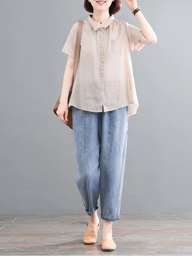 

Korean Sle plus Size Concealment Retro Two-Piece Set Casual Cotton Linen Top plus Denim Jeans Summer New Women's Faion Set