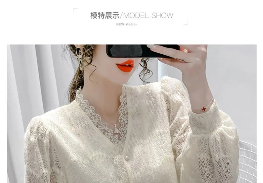 Women\'s Autumn Winter Stylish Undershirt with Added Velvet Lace Base Paired with New High-end Fashion Long Sleeved V-neck Top