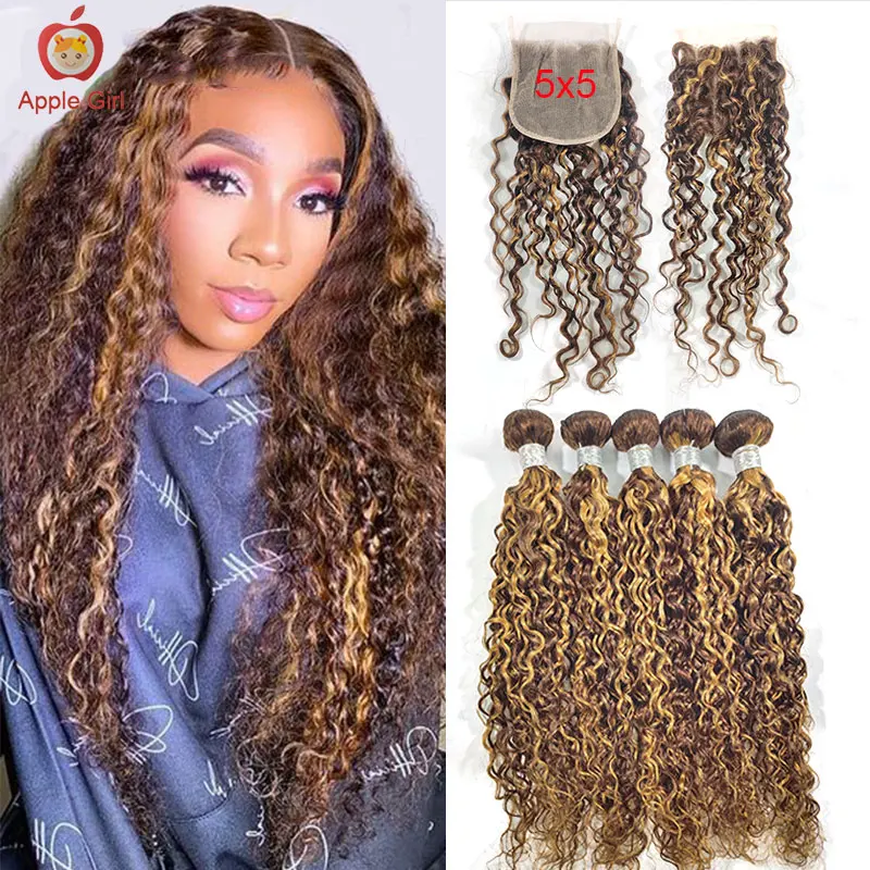 

5x5 Size Highlight Water Wave Hair Bundles With Closure Transparent 3 or 4 Bundles Human Hair With Closure Brazilian Remy Hair