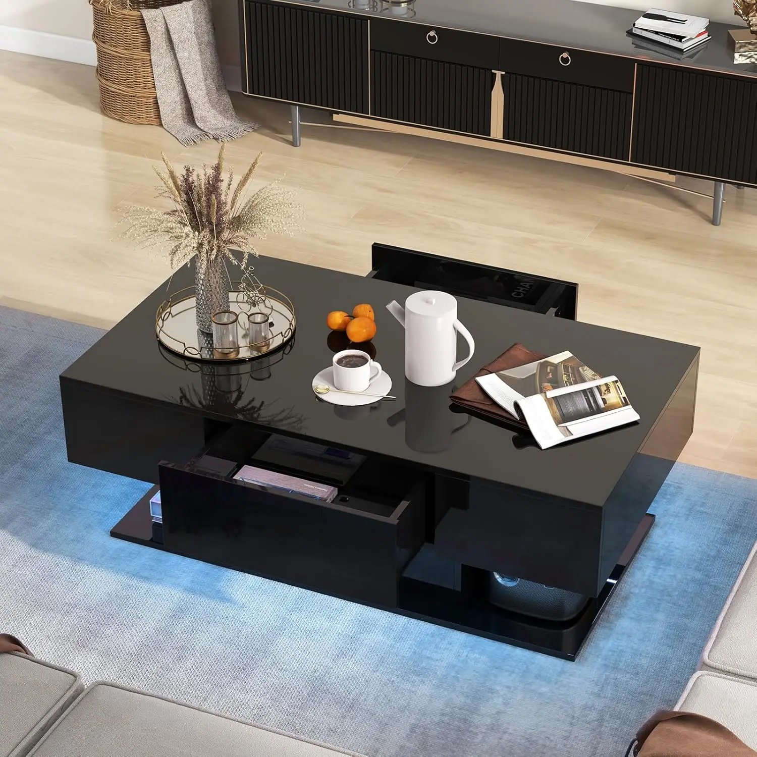 Modern LED Coffee Table - 2-Tier Center Table w/ 2 Storage Drawers, Adjustable Brightness & Speed, 20-Color Light, 43.5'