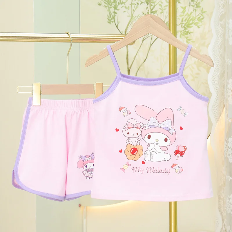 

2 шт. пижамы Sanriou Kuromi, слинг My Melody, шорты, жилет, детская домашняя одежда, одежда для мальчиков и девочек, хлопковая одежда с героями мультфильмов, новый праздничный подарок