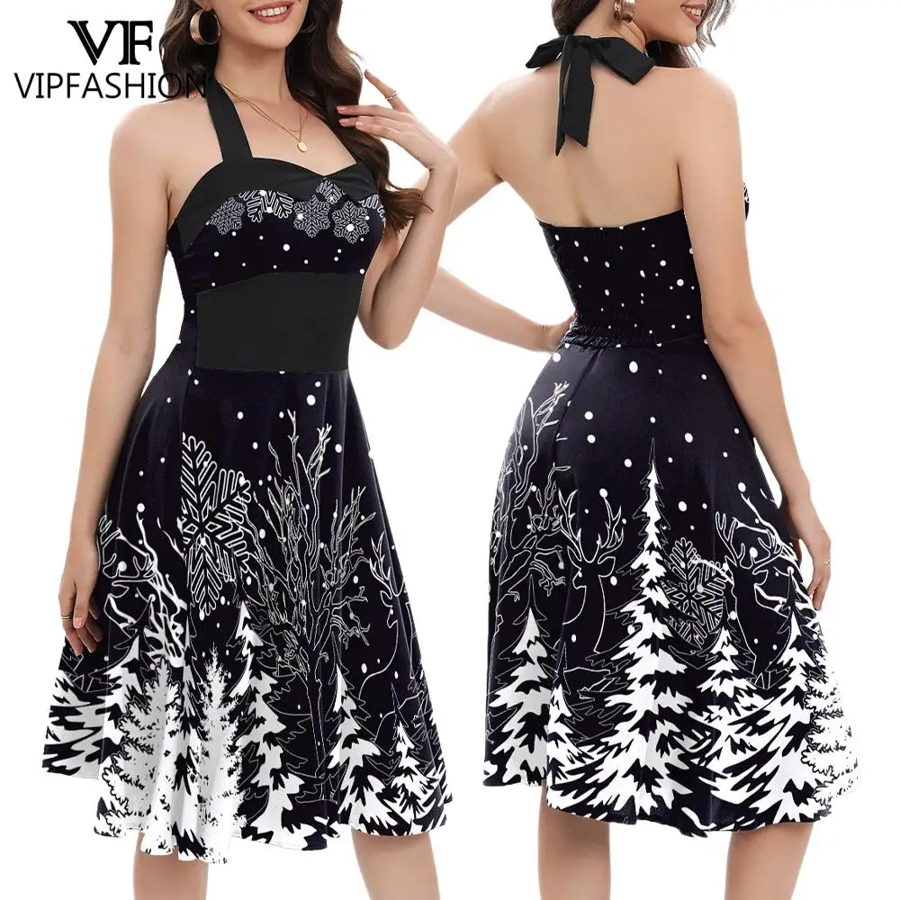 

VIP FASHION Elk Christmas Tree Print Women Dress Fancy Party Dresses Lady Black Sleeveless Midi Dress Festival Outfit Xmas Gift