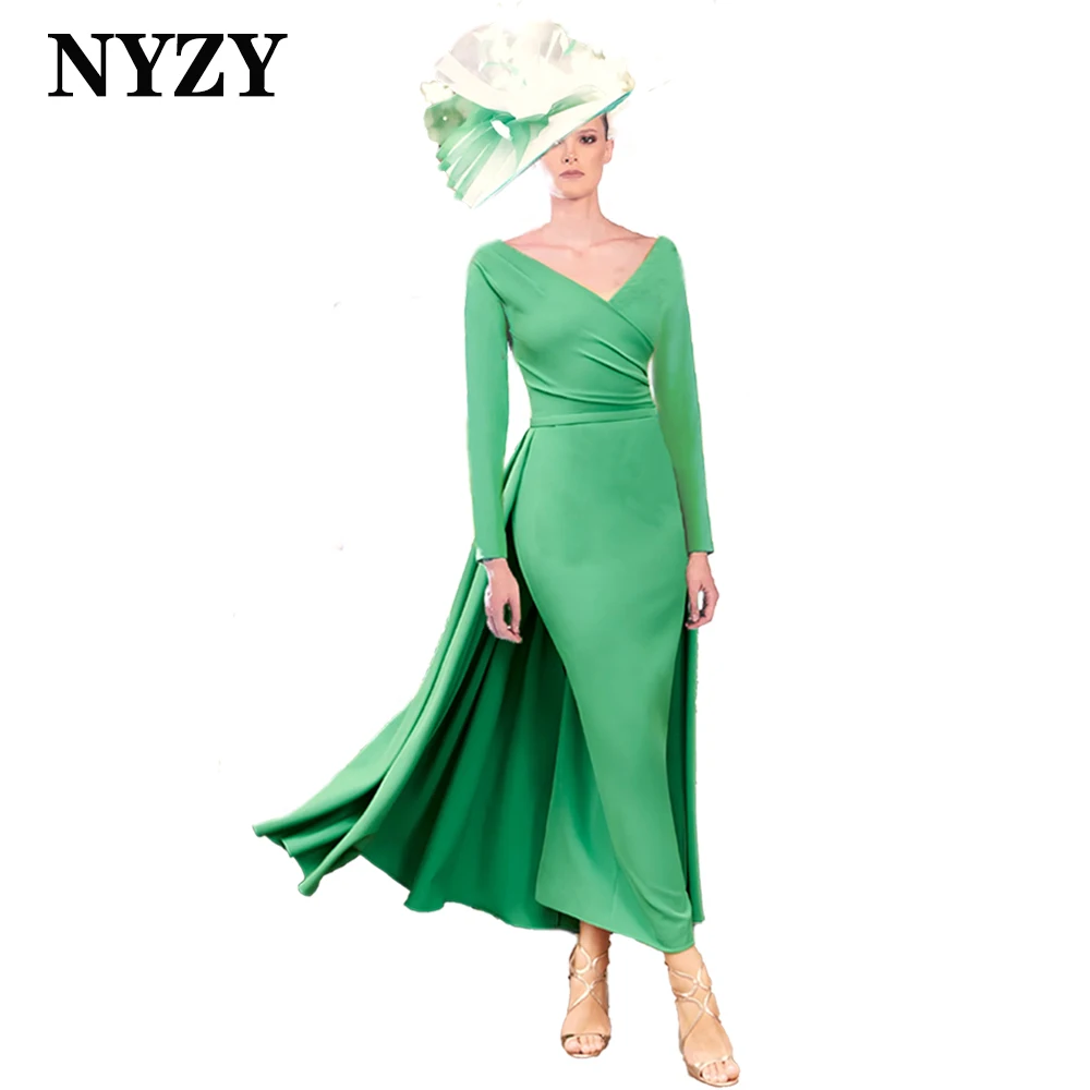 NYZY M422 Customized 2025 Evening Gowns Stretch Jersey V-neck Long Sleeves Wedding Party Mother of the Bride Groom Dresses