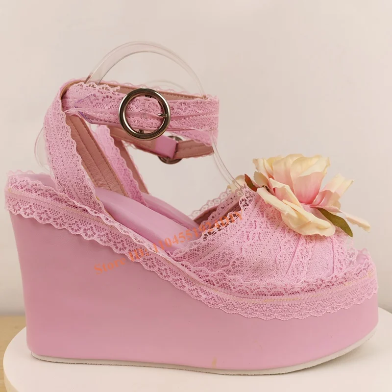 

Thick Platform Wedges Heeled Weet Pink Lace High Heel Women's Sandals with Yellow Big Floer Female Pumps Ladies Bloom Shoes