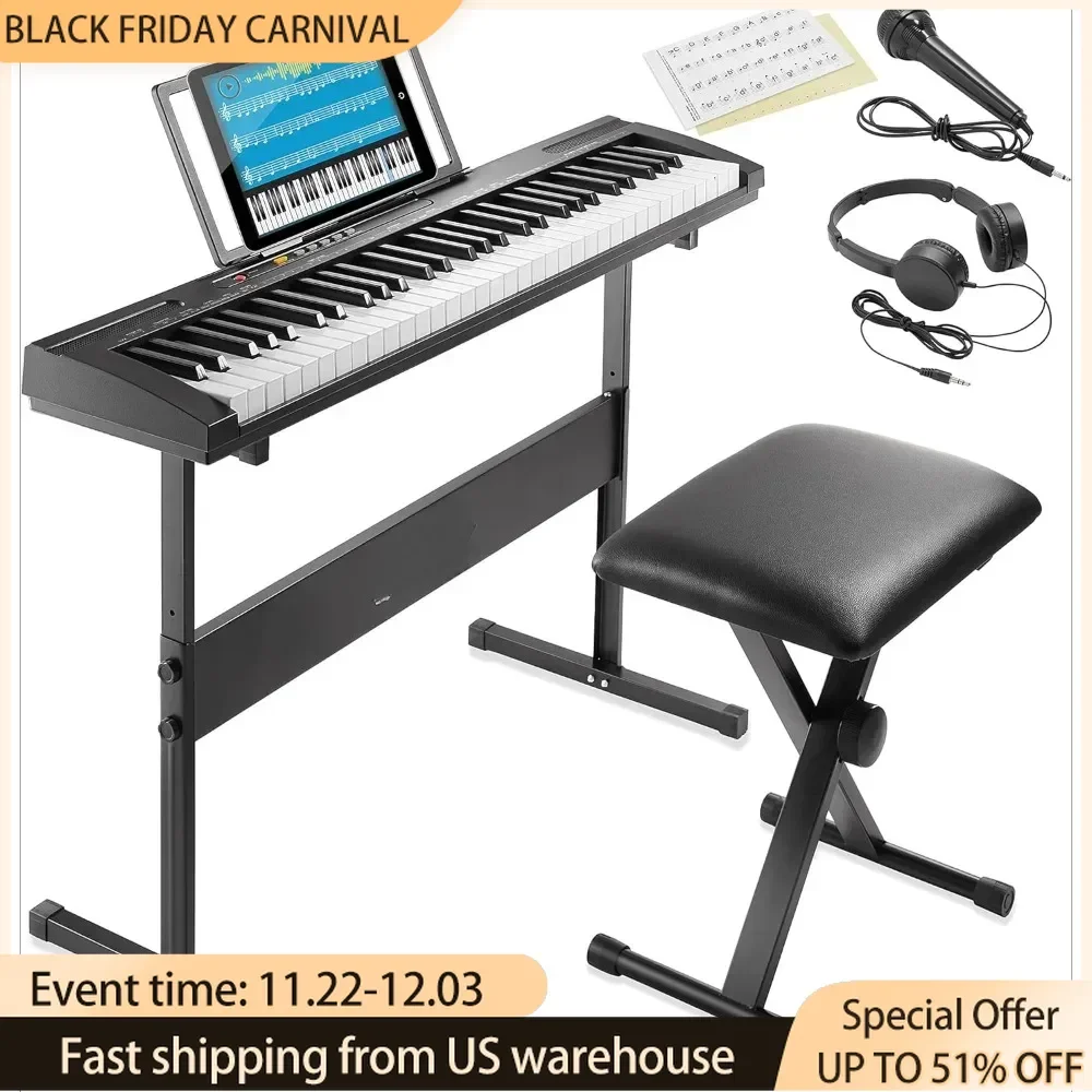 61-Key Digital Electronic Keyboard Piano for Beginners, Includes Stand, Bench, Headphones, Mic and Keynote Stickers Piano