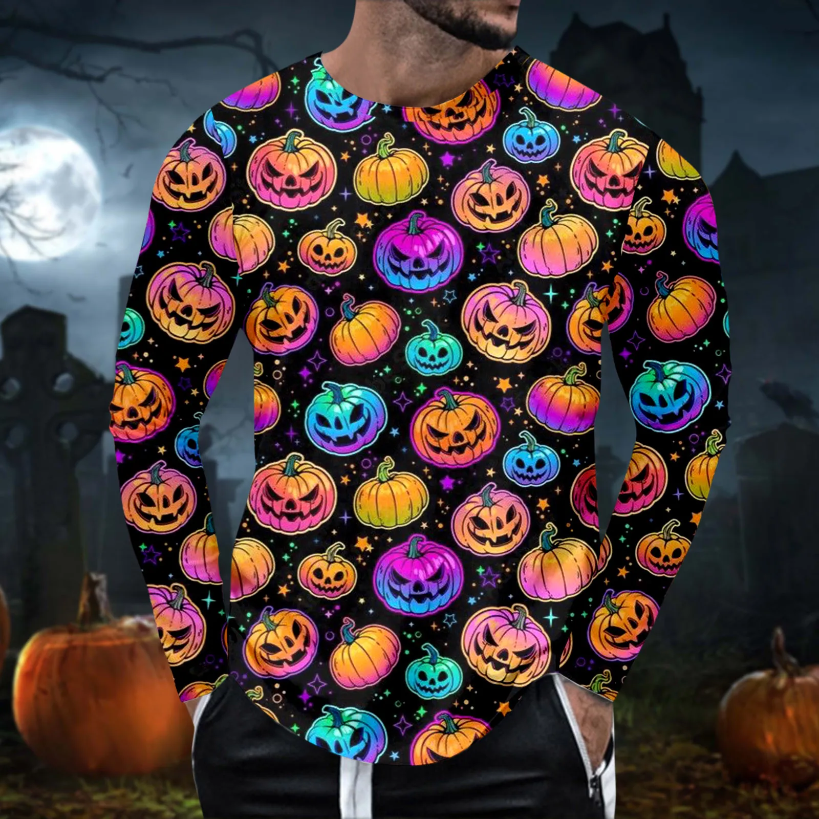 Men's Halloween Cartoon Printed T Shirt Long Sleeve Crewneck Top T Shirt Mens Sweatpants Tall