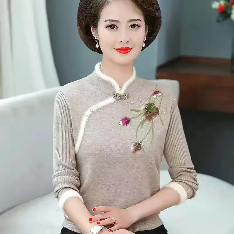 

Korean Women Fashion Long Sleeves Cheongsam Sweater 2025 Femme Half High Collar Knit Autumn Winter Ladies Large Size 4XL Knitted