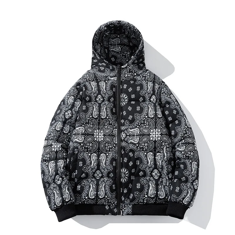 Streetwear Warm Parkas mężczyźni kwiat nerkowca nadruk patchworkowy kurtka zimowa mężczyźni Harajuku Hip-Hop mężczyźni luźny, gruby kurtka z