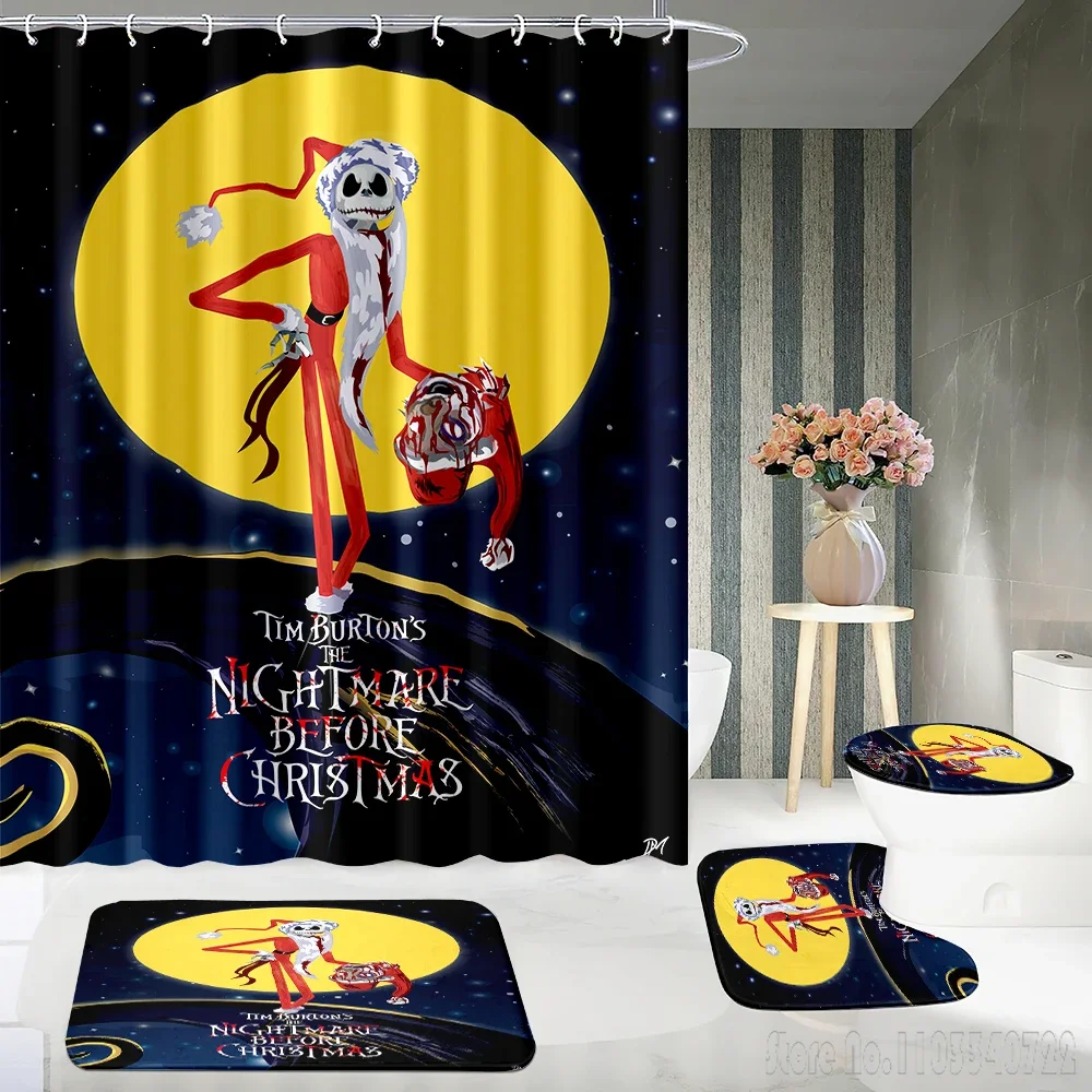 Disney Nightmare Before Christmas Bath Shower Curtain Set 4pcs with Hooks Cartoon Decor Waterproof Bathroom Toilet Mat Lid