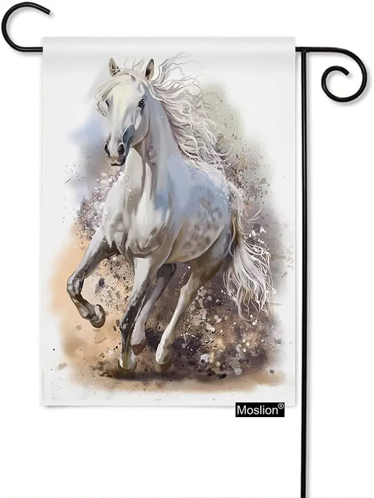 Moslion Horse Garden Flag 12.5x18 Inch Wild Animal White Horses Running in The Wind Sand Doodle Yard Flag Burlap Banners Vertica