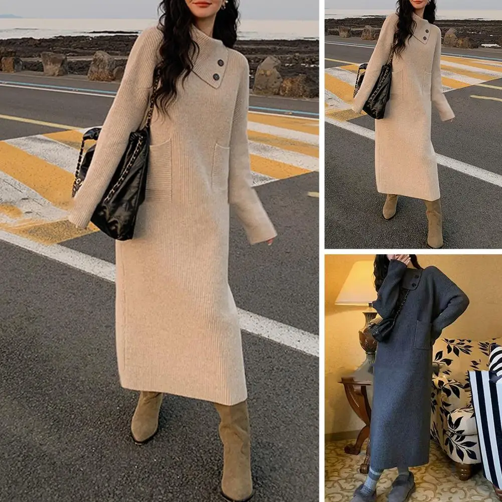 Women Sweater Dresses Soft Knitted Dress Elegant Korean Style Women's Sweater Dress with Pockets for Life Work for Autumn