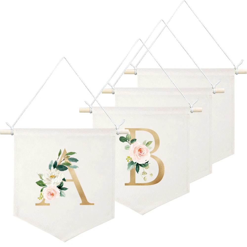 

Alphabet& Flower Print Baby Hanging Flag Pennant Room Wall Art Newborn Girls Boys Birth Commemorative Gifts Canvas Banner