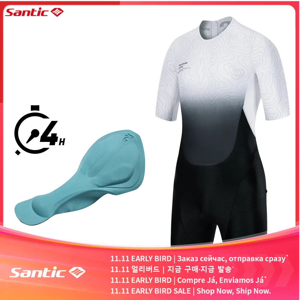 Santic Men's Triathlon Cycling Suits Short Sleeves Sponge Padded Quick-Drying for Running Swimming Cycling TM24C03027H