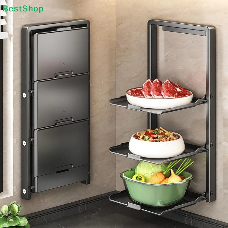 Kitchen Storage Rack - Multi-Functional 2/3 Tiered Wonder Rack With Serving Tray - No Drilling Required Foldable