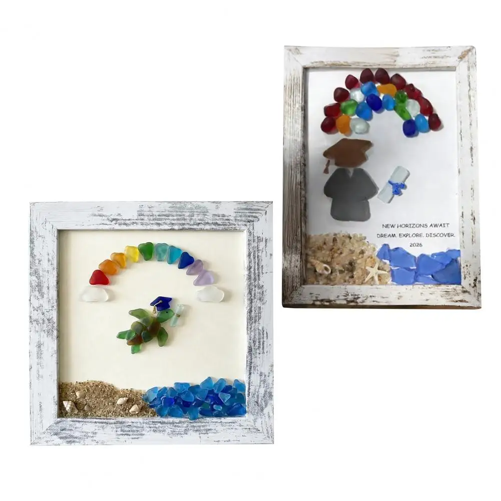

2026 Seaglass Decoration,Handmade Art Framed Sea Glass Artwork Desktop,Ocean Inspired Graduates brithday Gift
