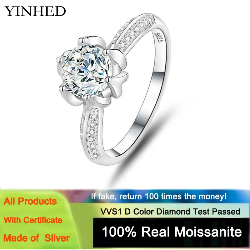 

YINHED Dazzling Sparkling Engagement Finger Rings Original 925 Sterling Silver 1.0CT Moissanite Lotus Flower Ring Fine Jewelry