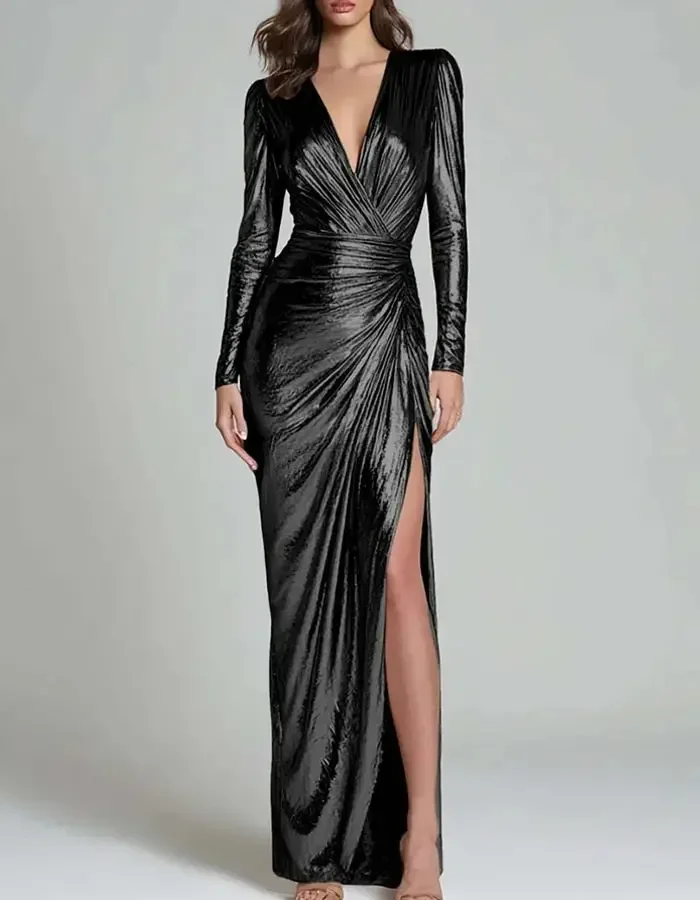Elegant Split Solid Sexy Club Women Dress Long Sleeve Deep V Neck Bodycon Evening Wedding Guest Party Slim Female Vestidos Robe