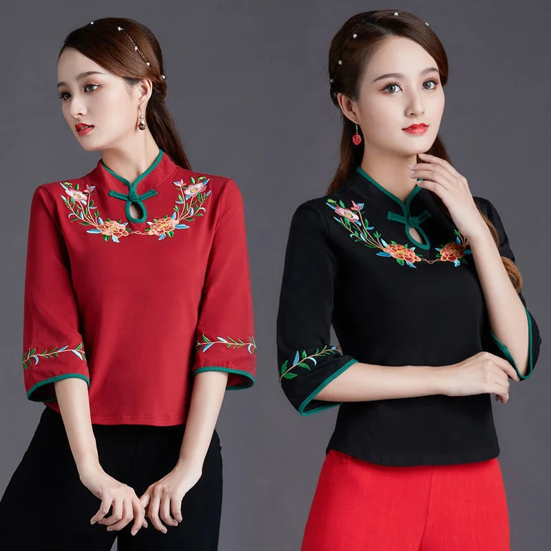

Сексуальные женские топы с этнической цветочной вышивкой, классическая футболка в китайском стиле, блузка с рукавами-браслетом, рубашка династии Тан, костюм для вечеринки