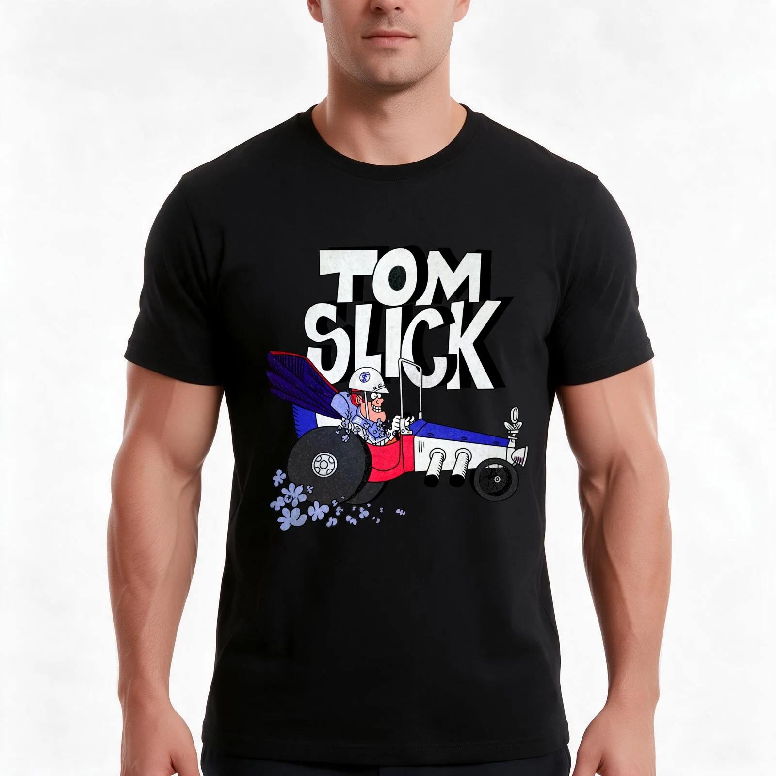 Tribute to Jay Ward Cartoons: Tom Slick in the Thunderbolt Grease Slapper with Logotype T-Shirt, Summer Casual Cotton Tee