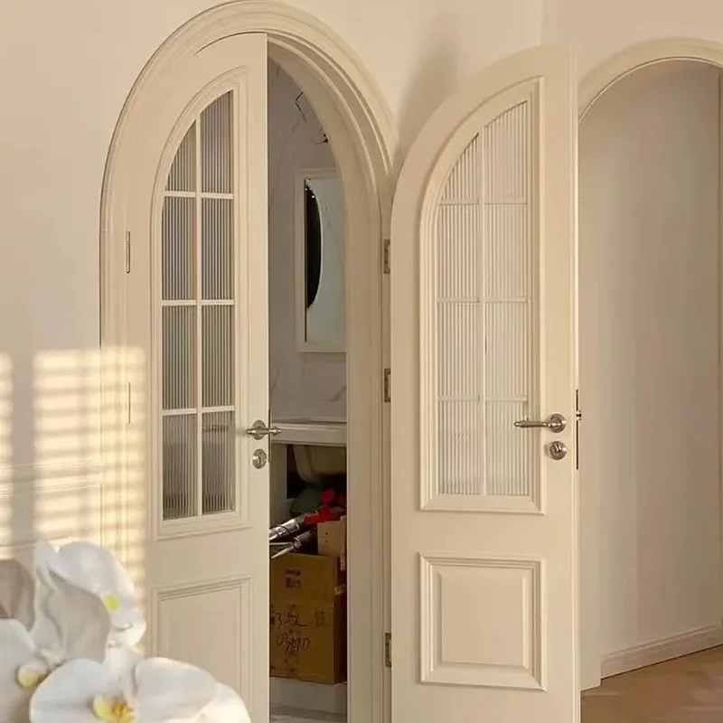 for French Cream Style Solid Wood Baking Paint Arc Arched Single Door Composite Bedroom Room Changhong Glass Double Door