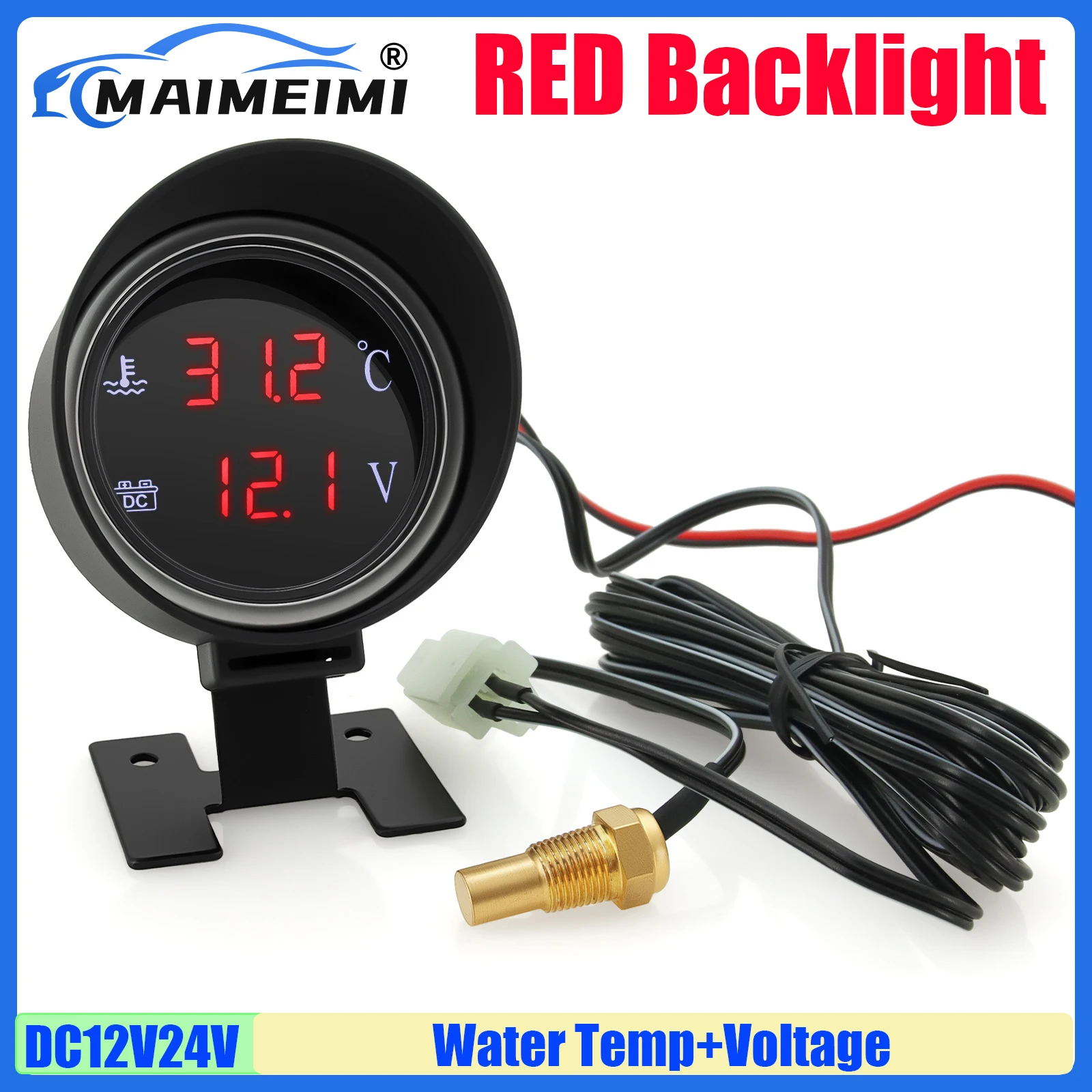 

MAIMEIMI RED BLUE Light Water Temperature Meter+Voltage with Sensor 10MM Digital Dual Gauge Flashing Alarm for Car Truck 12V24V