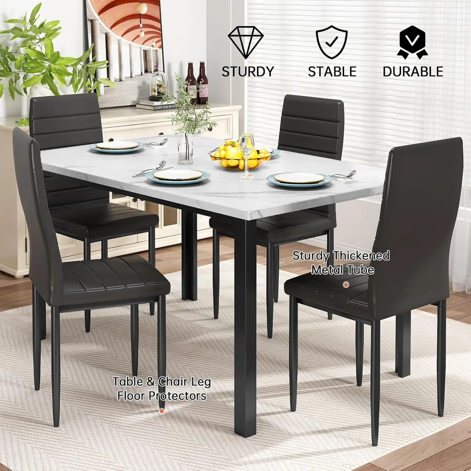 5 Piece Dining Table Set,Small Dining Table Set for 4, Faux Marble Dinner Table Set with 4 Upholstered PU Leather Chairs