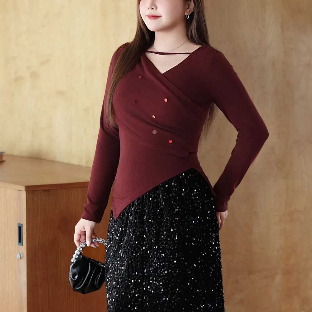 Sequined cross V-Neck T-Shirt women XL XXL autumn winter good quality Vintage red French slim knitting long sleeve top N9070