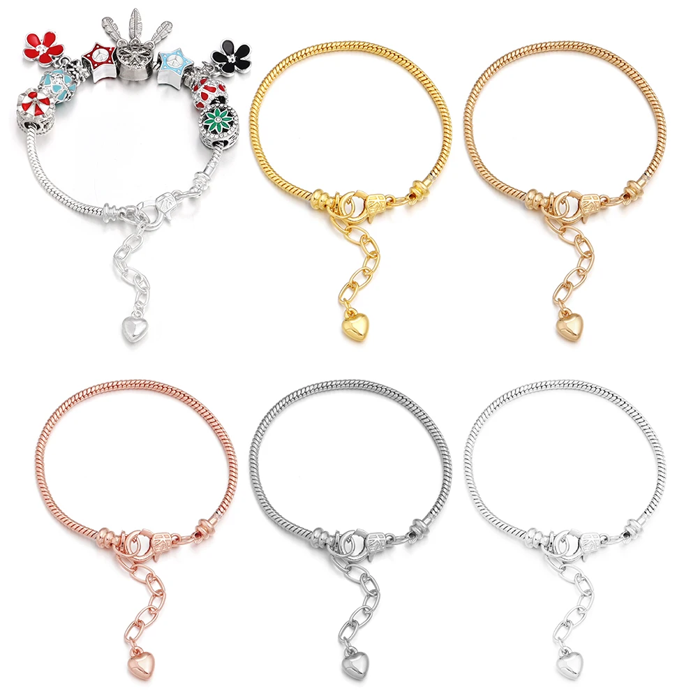 1pc Metal Snake Bone Chain Bracelet Blank With Heart‑Drop Extender Chain for Jewelry Making Friendship Bracelet Base Supplies