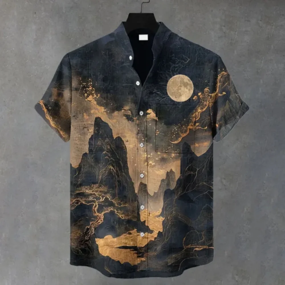 New Men's Fairy Crane Plum Blossom Wave Printed Short Sleeve Shirt Japanese and Wind Travel Beach Casual Shirt