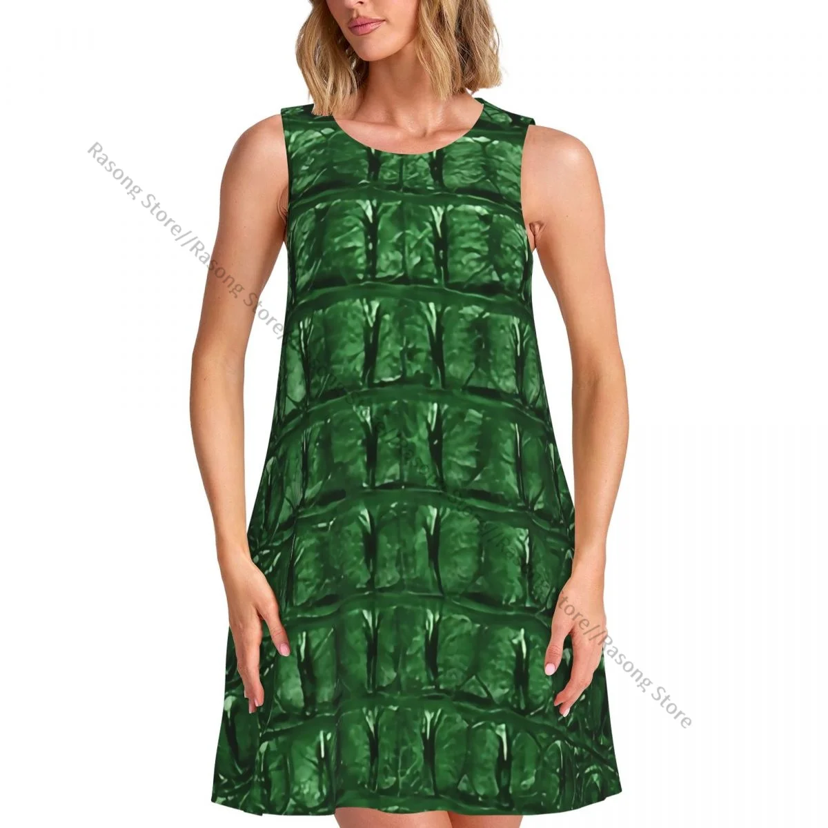 Women's Dress Green Crocodile Skin Texture Summer Casual T Shirt Beach Cover up Tank Dress