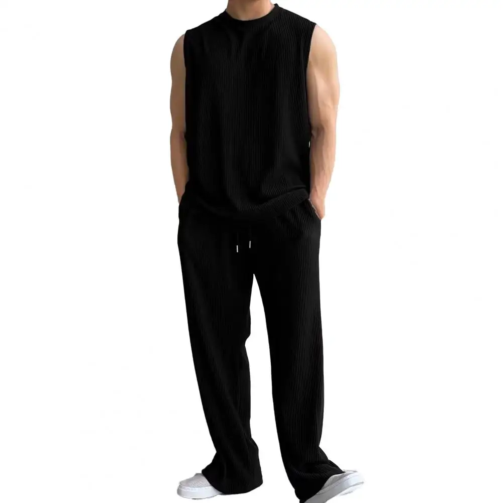 Men Sports Suit Men's Summer Casual Tank Top Wide Leg Pants Set with Drawstring Waist Solid Color Sleeveless Outfit for O-neck