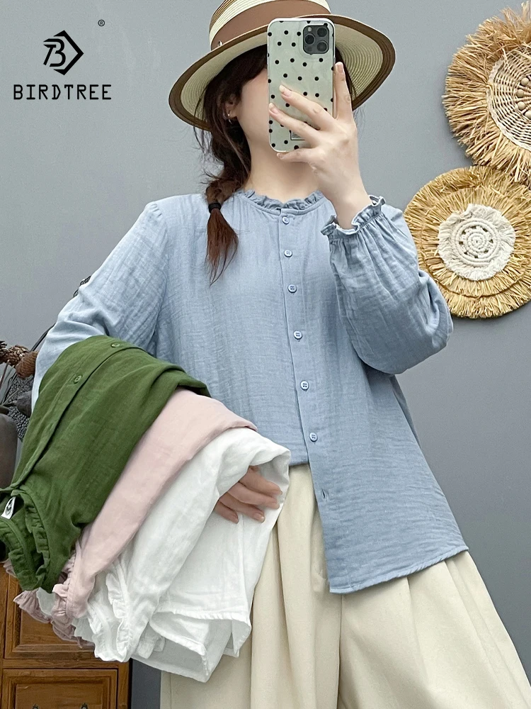 

New 2025 Autumn Cotton Yarn Long Sleeve Shirt, Women Ruffled Buttons Solid, Mori Girl Temperament Commute Loose Blouse T58723CC